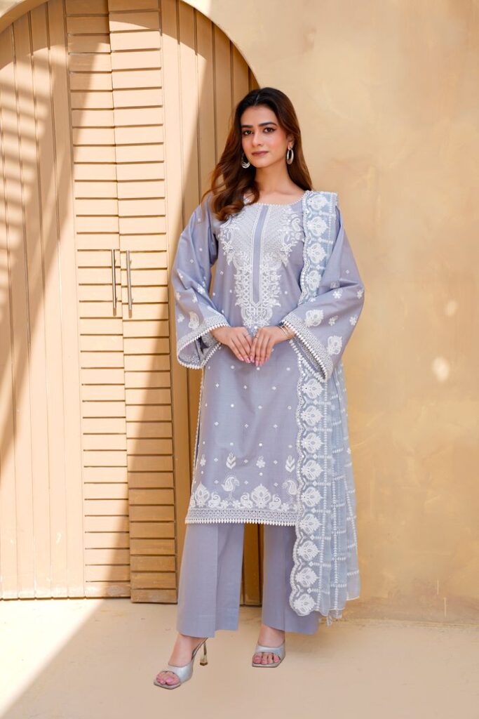 Model in Lahore wearing a grey embroidered eastern dress, showcasing traditional style.